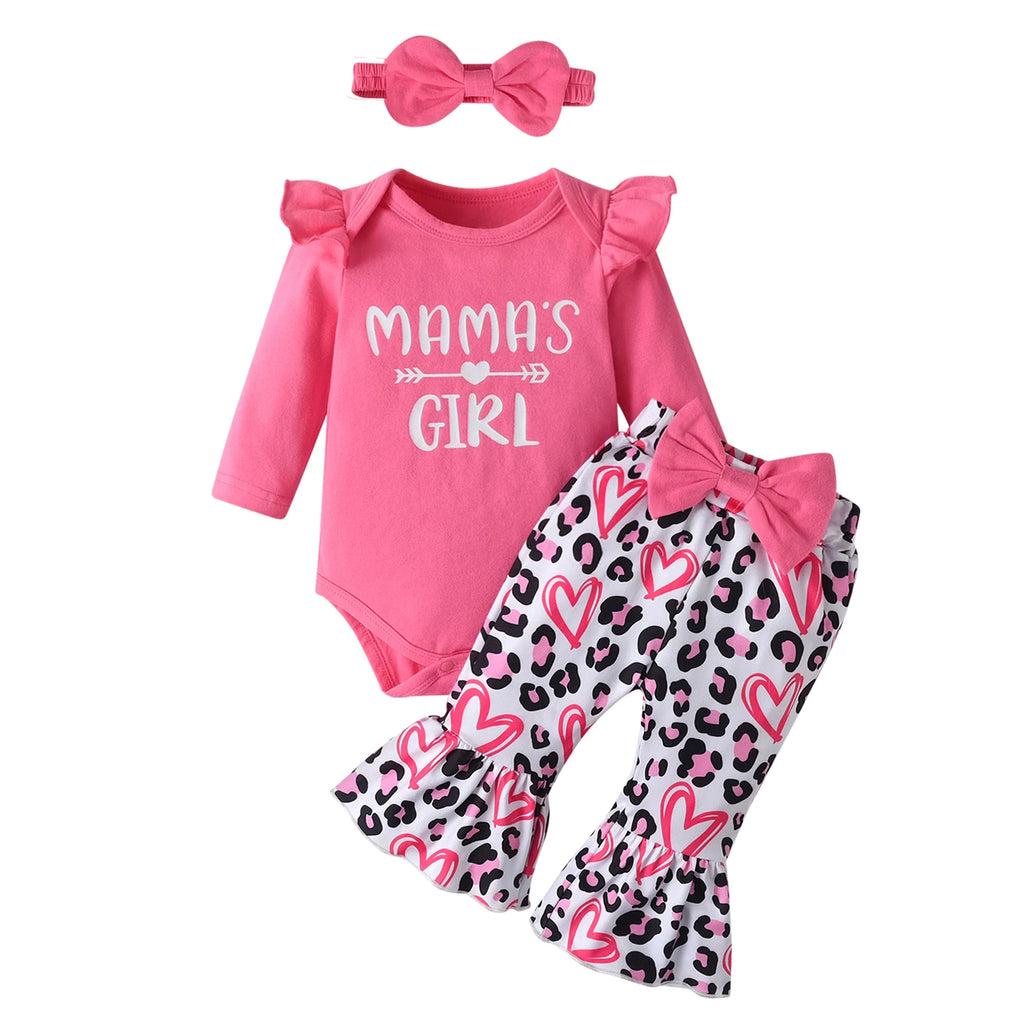 Fashion Newborn infant Baby Girl Outfit Printed Long Sleeve Romper Top and Bowknot Flared Pants with Headband 3PCS Clothes Set