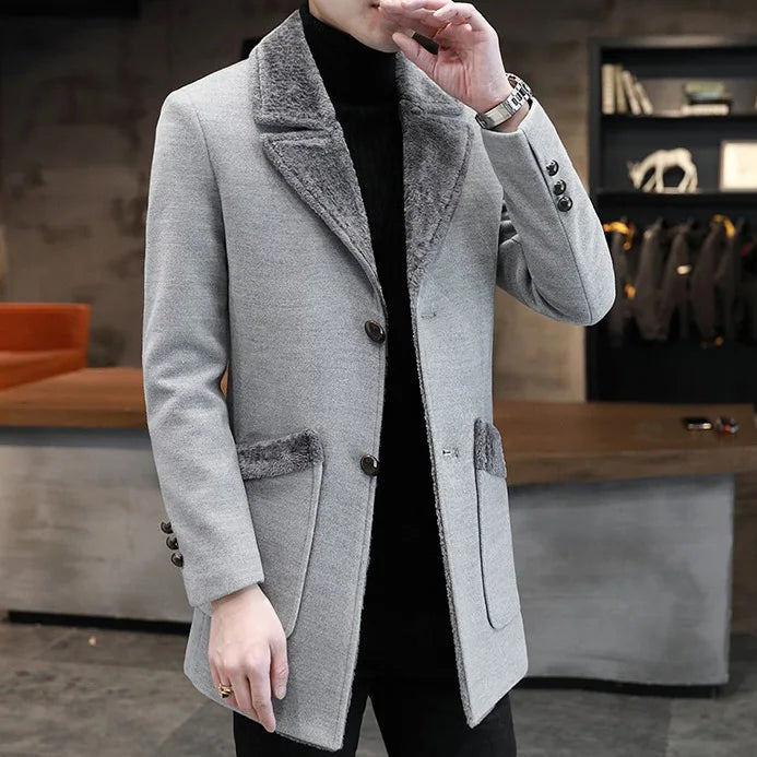 2025 Winter Men Plush Jacket Turn Down Collar Pocket Male Coat Single-breasted Long Sleeve Mid Length Business Man OverCoat