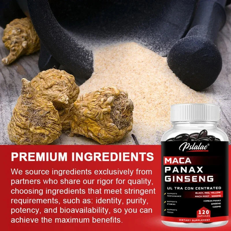 Xemenry Maca Root + Korean Ginseng Capsules – 10,000 mg Maca (Black, Red, Yellow) + 1,400 mg Ginseng | High Strength Energy & Vitality Supplement (30/60/120 Capsules)