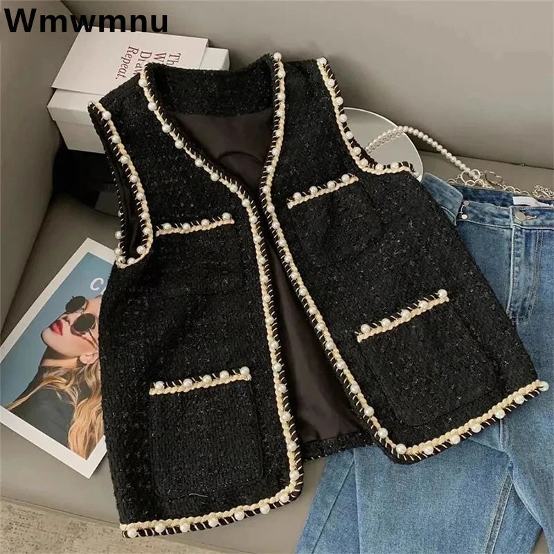 Women’s Tweed Plaid Vest – Wool-Blend Waistcoat with Pearl Buckle, Sleeveless Jacket (Vintage Korean Style, Spring/Fall)