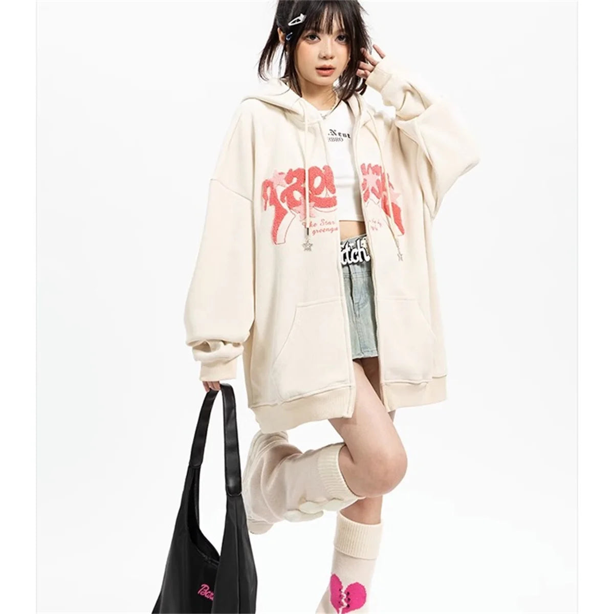Fashion Embroidery Zip Up Hoodies Women Autumn Long Sleeve Tops Loose Hood Shirt Harajuku Y2K Clothes Female Sweatshirt Jacket
