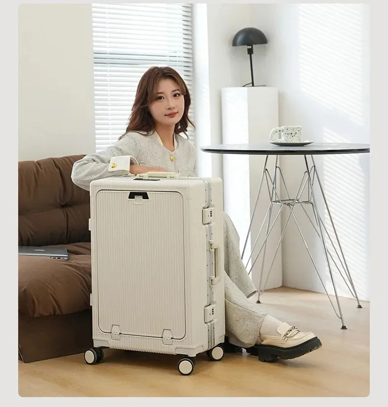 Suitcase Front Opening Pocket Aluminum Alloy Frame Rolling Luggage with USB Charging Plug Trolley Carry-on Case Bag with Wheel