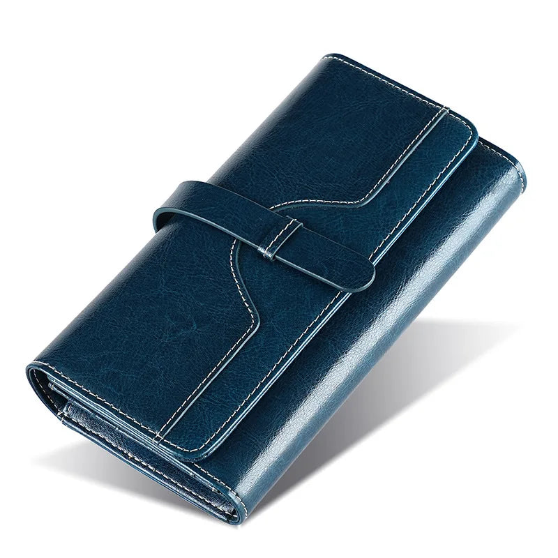 Genuine Leather Wallet for Women Long Clutch Bag Oil Wax Leather Retro Women's Multifunctional RFID Anti-theft Brush Wallets