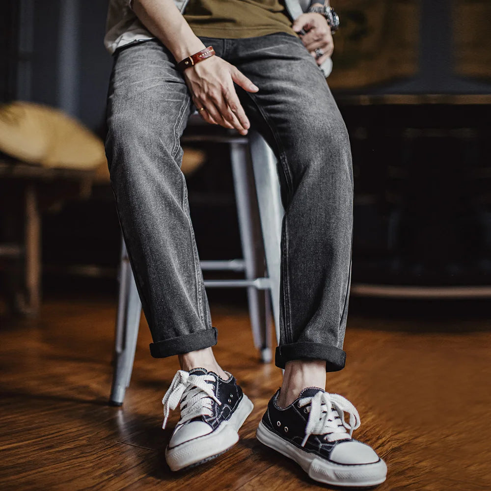 Maden Vintage 13oz Heavyweight Washed Gray Denim Jeans Men's Straight Leg Tapered Pants Casual Trousers for Spring and Fall