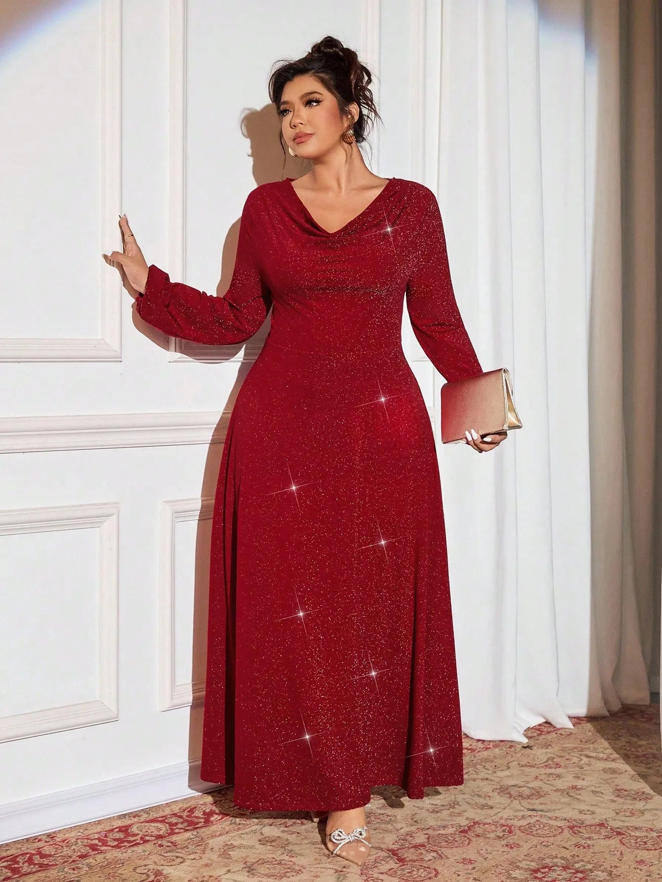 Elegant Red Shiny Draped V-Neck Maxi Dress with Long Sleeves for Formal Events