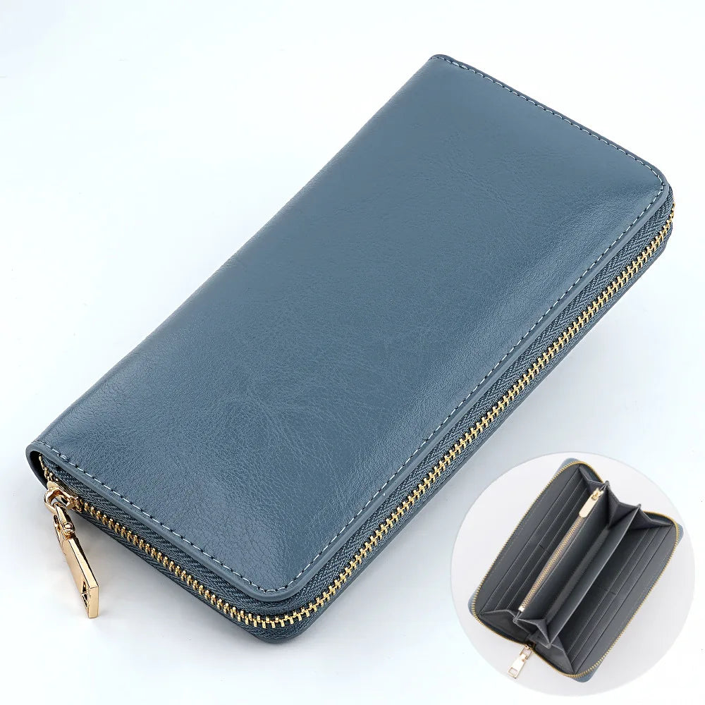 New Oil Waxed Cowhide Women's Zipper Wallet Long Genuine Leather Large Capacity Handbag Japan Style