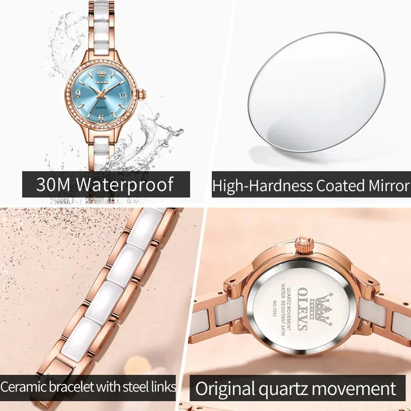 OLEVS Luxury Quartz Watch Women Elegant Ceramics Strap Waterproof Auto Date Luxury Lap Ladies Watches 7093