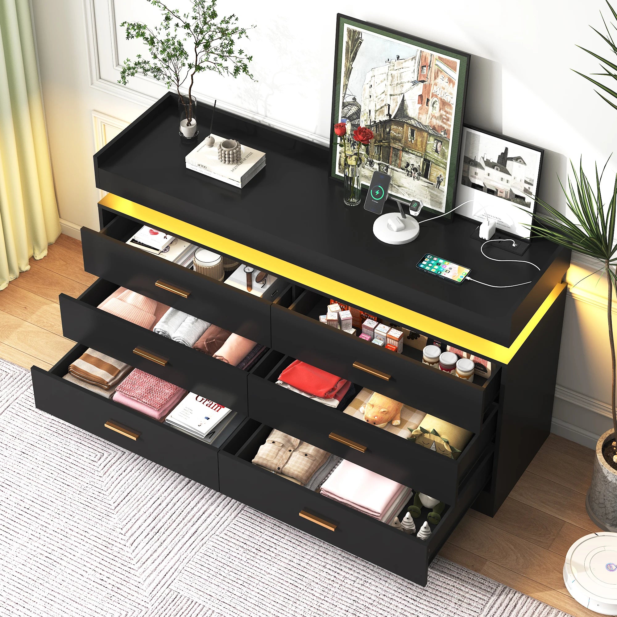 6 Drawer Dresser, 46'' Modern Chest of Drawers for Closet with LED Light, Wide Drawer Organizer Cabinet for Bedroom, White/Black