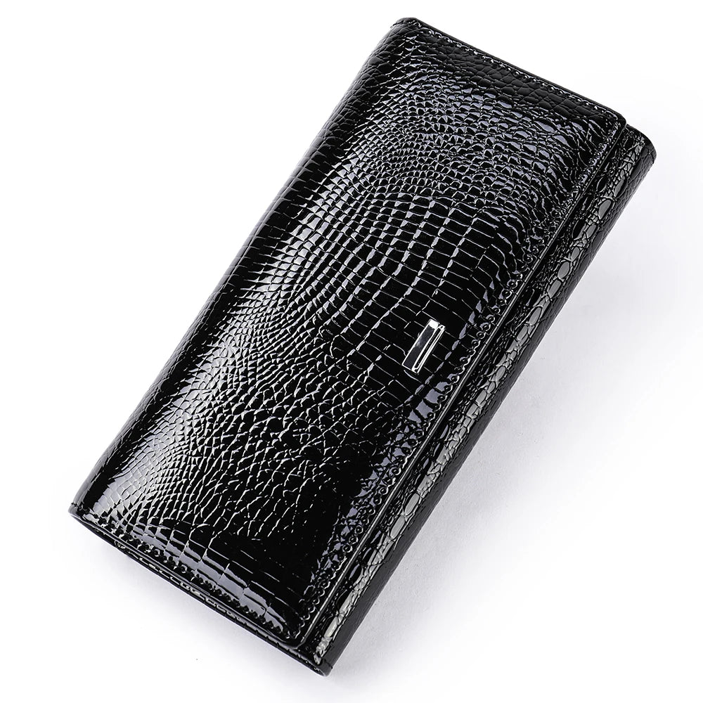 Women's Genuine Leather Wallet - Vintage Crocodile Pattern with Top Handle Buckle Closure, Flap Design, Birthday Gift