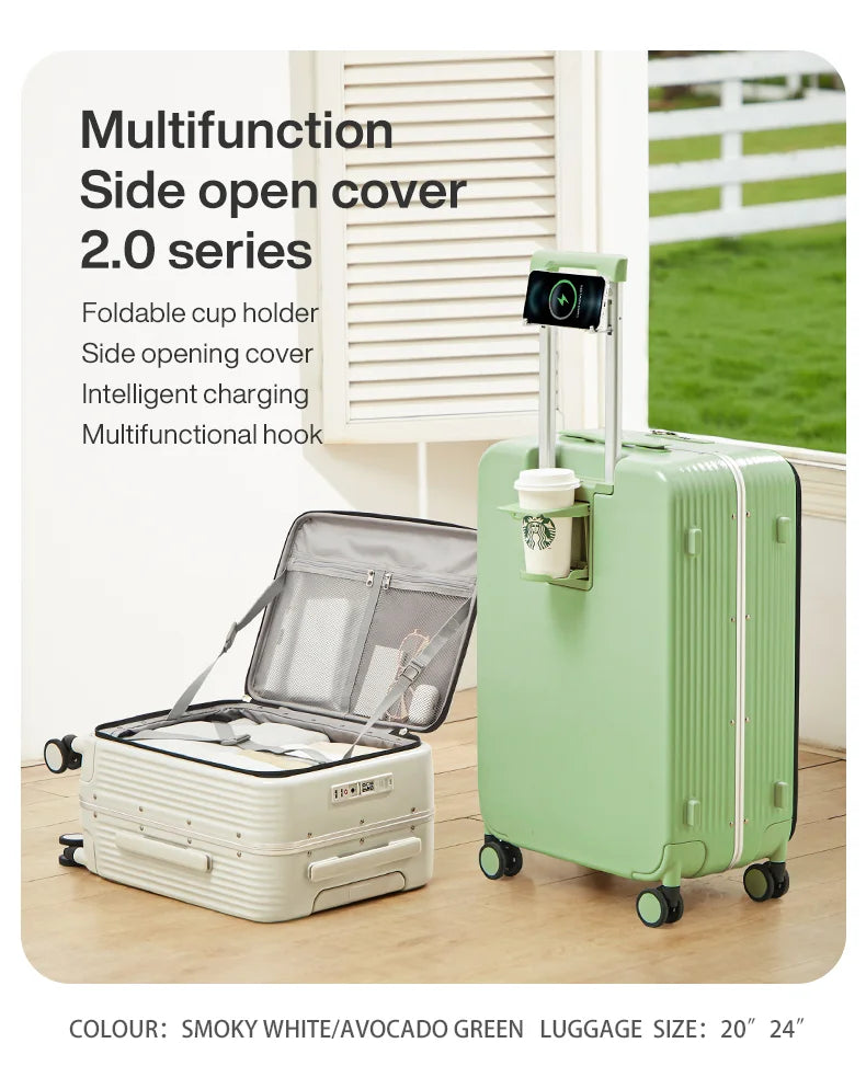 Mixi M9286 Aluminum-Frame PC Carry-On | USB Port, Cup & Phone Holder, TSA Lock, 360° Spinner Wheels (20″/24″)