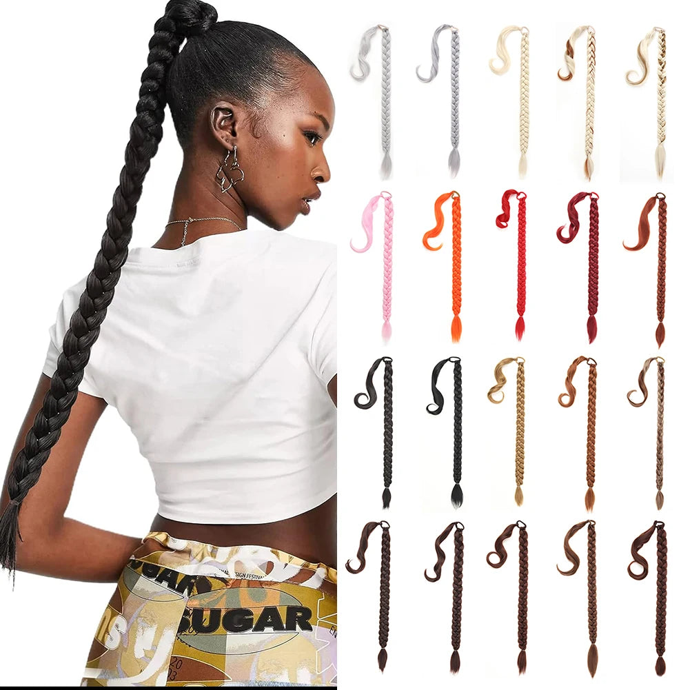 Long DIY Braided Ponytail Extension With Hair Tie Straight Wrap Around Synthetic Hair Extensions
