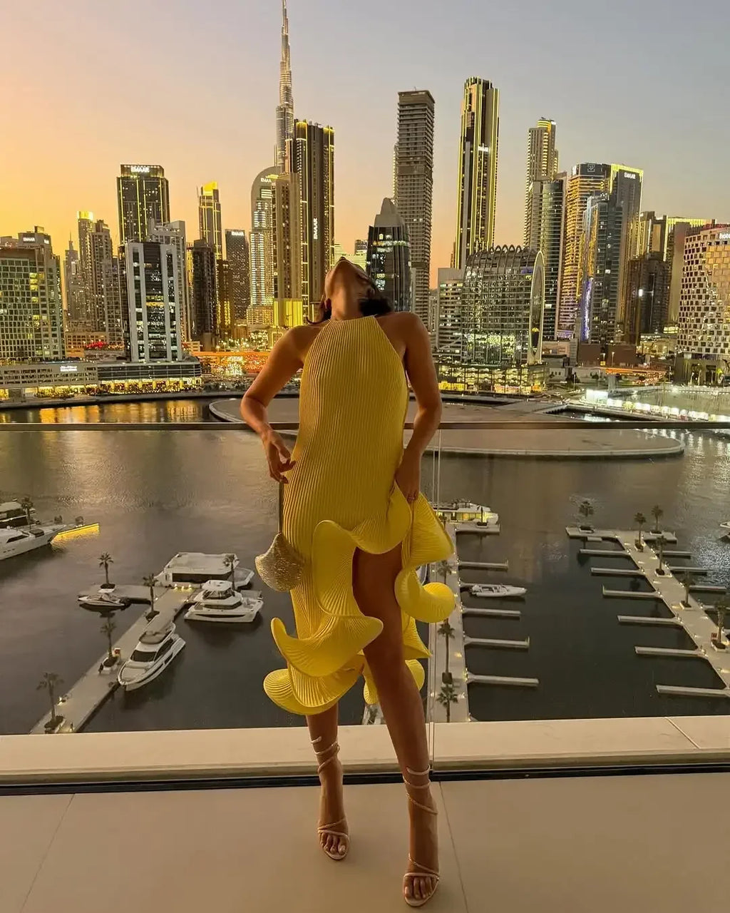 Women Romantic Yellow Halter Maxi Dress Ribbed Knit Ruffled High-slit Slim-fit Vestido 2026 Lady New Spring Trendy Fashion Robes