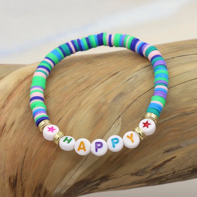 Multicolor Clay Beaded Letter Bracelet | Custom Friendship & Love Boho Jewelry