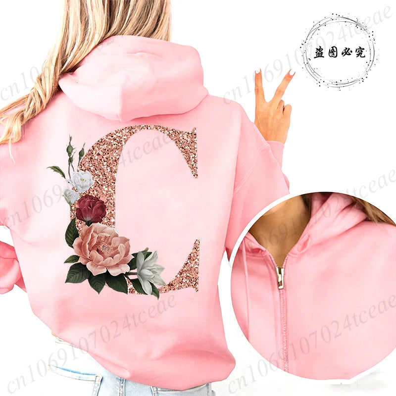 Women Zip Up Hoodies Rose Gold Letter A~Z Zipper Jackets Coats Autumn Winter Hoody Sweatshirt Fashion Casual Zip Pink Hoodie Top