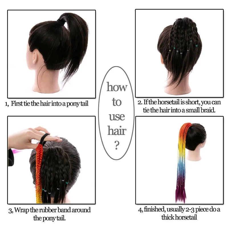 WIGSIN 24Inch Synthetic Long Ombre Rainbow Box Braid Ponytail Hair Extension for Women Rubber Band Hairstyle for Women