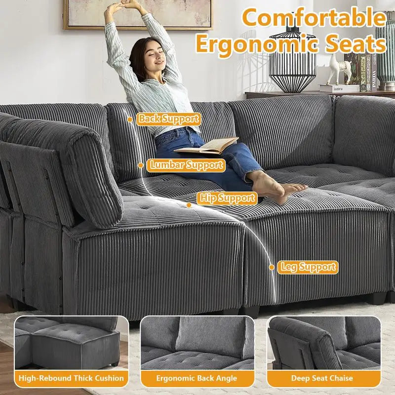 Modular Sectional Sofa U-Shaped Couch with Reversible Chaise, 6-Seat Convertible Design for Living Room