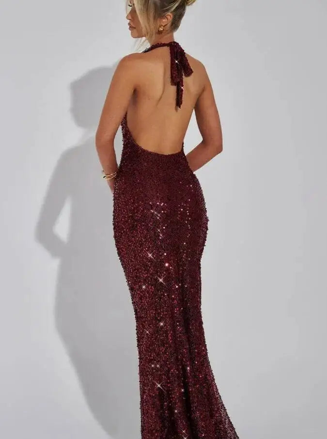 Giyu Sexy Glitter Sparkle Sequined Club Evening Party Dresses Women 2025 Summer Autumn Halter Backless Bodycon Maxi Long Dress
