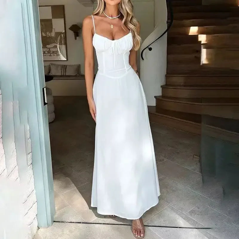 Casual Women High Waist A-line Sling Dress Sleeveless Cinched-waist Pleated Slim Long Dresses 2026 Lady Vacation Street Gowns