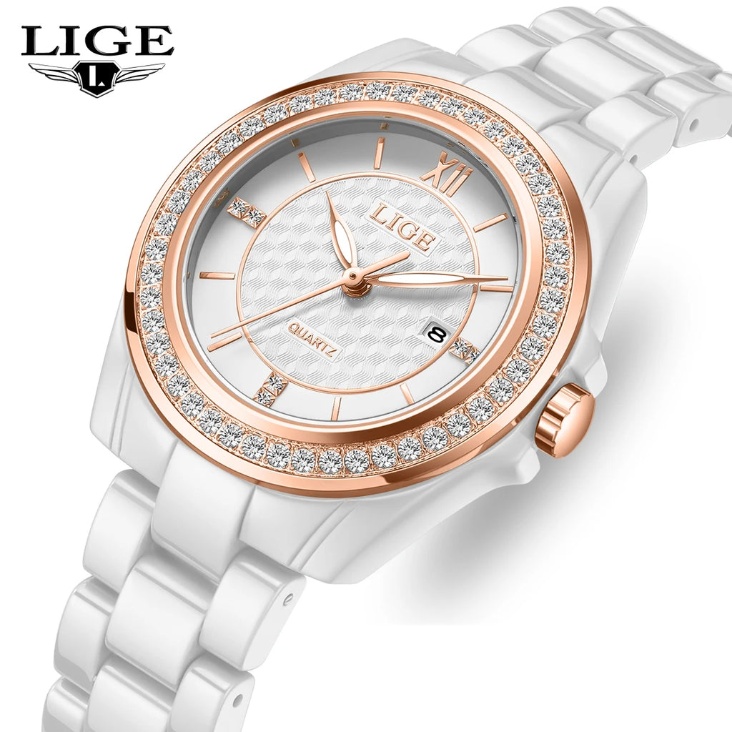 New LIGE Fashion Quartz Watch for Women Ceramics Strap Waterproof Date Women's Watches Elegant Luxury Diamond Ladies Wristwatch