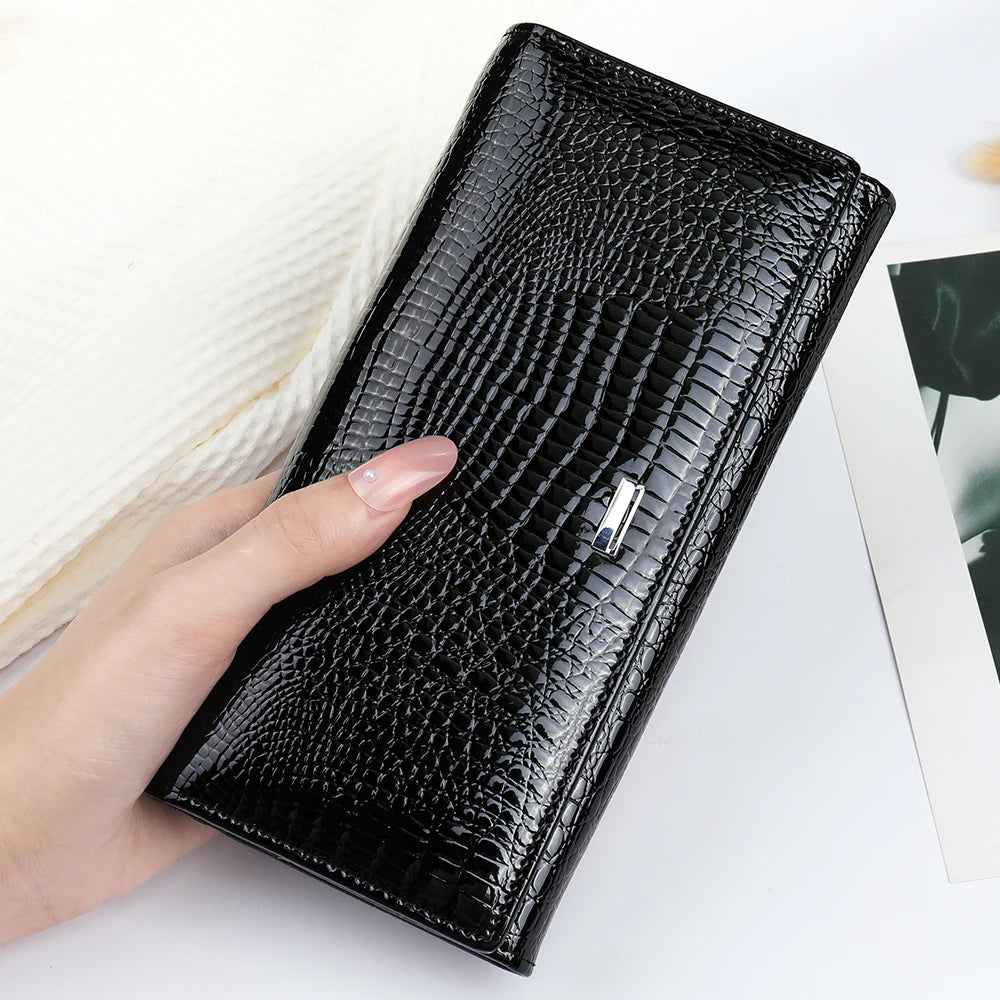 Women's Genuine Leather Wallet - Vintage Crocodile Pattern with Top Handle Buckle Closure, Flap Design, Birthday Gift