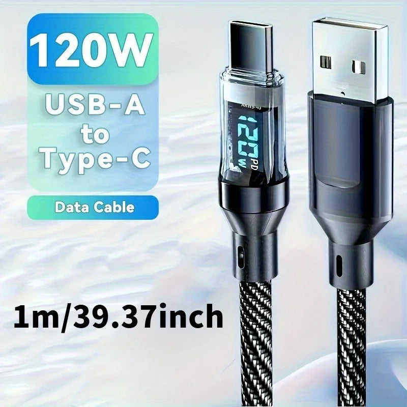 120W USB to Type-C Fast Charging Cable with LED Display – Super Speed Data Cord for Huawei, OPPO, Vivo