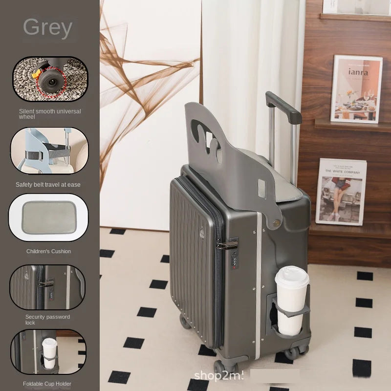 2025 New suitcase for children can Sit 20/22 inch Ride on Luggage Front Opening Sturdy Thickened Travel suitcase with Cup Holder