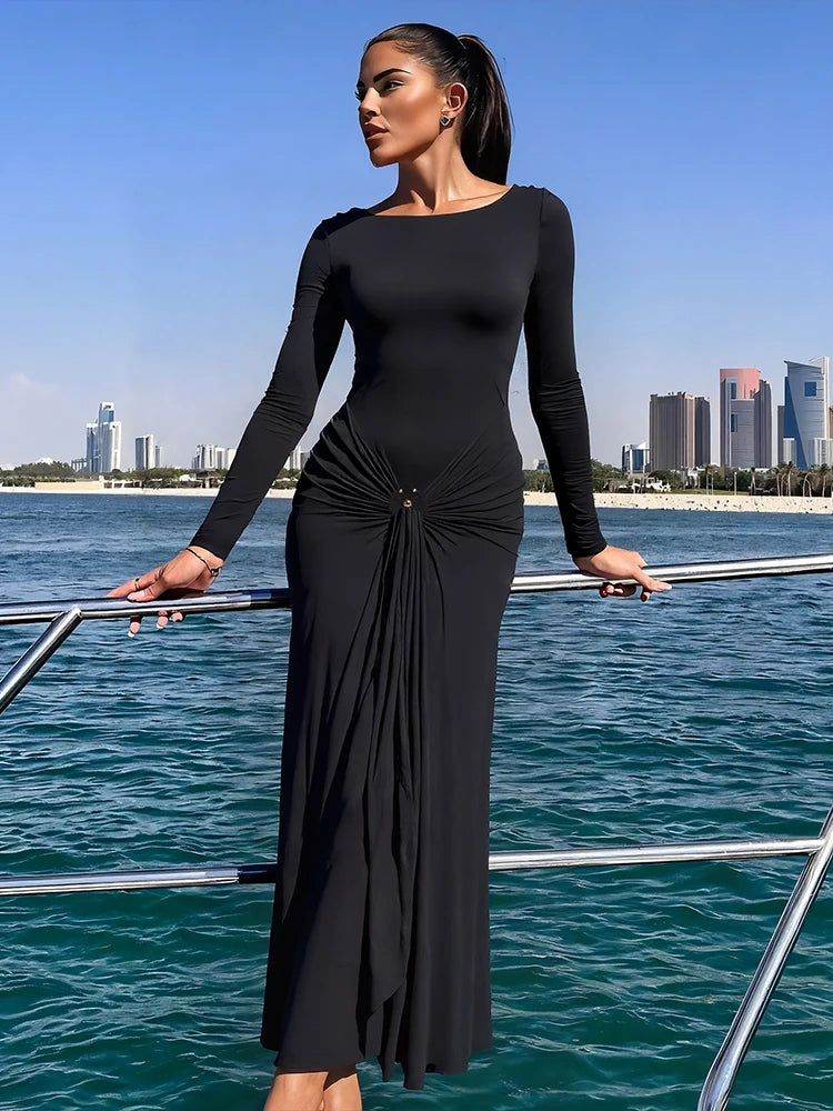 Weird Puss Ruched Elegant Maxi Dress Women Daily Casual Fashion Skinny Full Sleeve Solid Gown Midnight Prom Party Long Bodycon