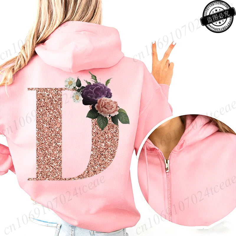 Women Zip Up Hoodies Rose Gold Letter A~Z Zipper Jackets Coats Autumn Winter Hoody Sweatshirt Fashion Casual Zip Pink Hoodie Top