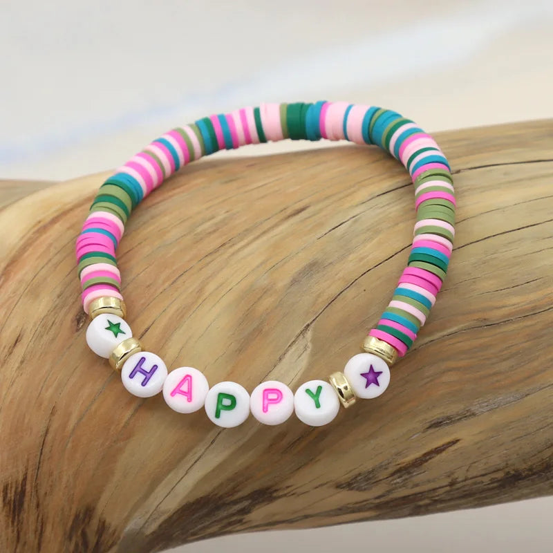 Multicolor Clay Beaded Letter Bracelet | Custom Friendship & Love Boho Jewelry
