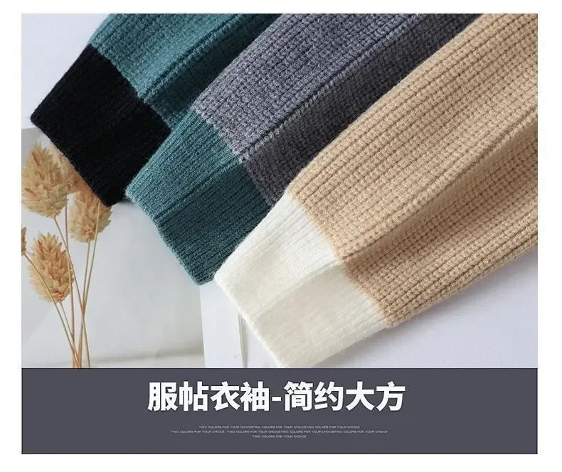 Autumn Winter New Men Sweater Mock Neck Patchwork Contrast Color Trend Youth Fashion Thicken Long Sleeve Pullovers Knitted Tops