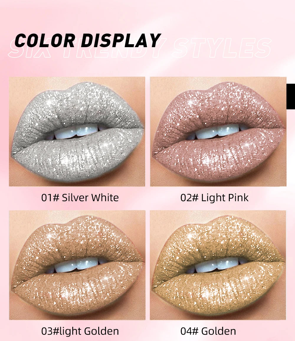 QIBEST shimmer lip gloss beauty girl diamond glitter lip tint waterproof long lasting 6 colors gray flash liquid lipstick makeup