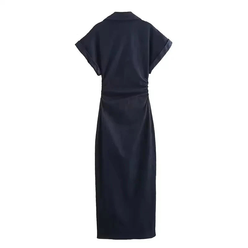 Denim Dress Women's Spring Summer Casual Long Dresses For Women 2026 New Fashion Ruched Short Sleeve Streetwear Midi Dress