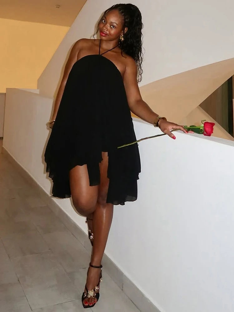 Nibber Asymmetrical Hem Dress Women Halter Bandage Sleeveless Backless Solid Beach Party Sexy 2026 Summer New Trend Mini Bodycon