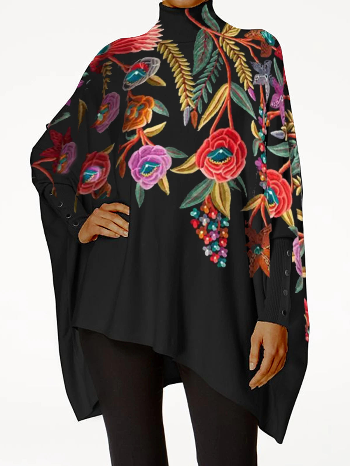 Turtleneck Floral Printed Women Plus Size Tee Top Casual Vintage Casual Smock Top Spring High Street Irregular Hem Loose T Shirt