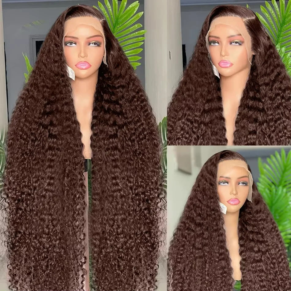 HJ WEAVE BEAUTY Deep Curly HD Lace Frontal Wig | Chocolate Brown Human Hair