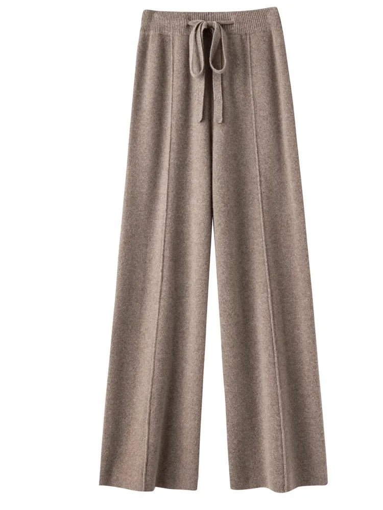 Women’s High-Waist Belted Knit Pants – Solid Color, Center-Crease Wide-Leg (Autumn/Winter 2026)