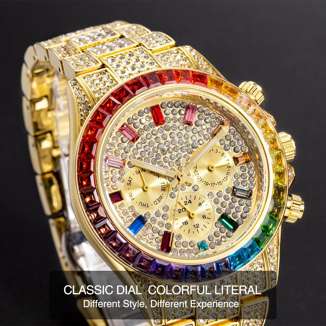 MISSFOX Men’s Luxury Bling Quartz Watch | 42mm, Calendar, 3ATM Water-Resistant, Gold-Tone Stainless Steel