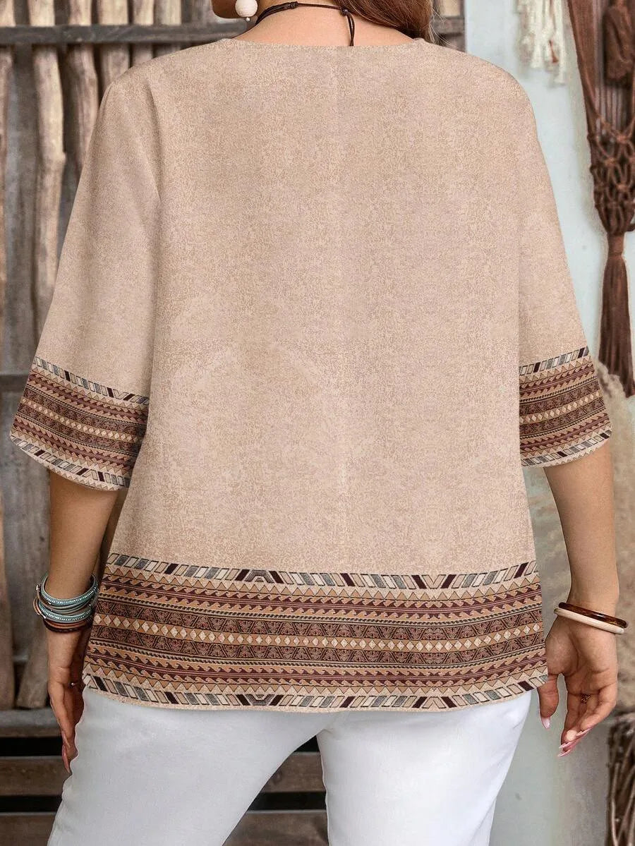 Plus size women's spring/summer/autumn new retro pattern front button leisure short sleeve shirt essential summer outfit