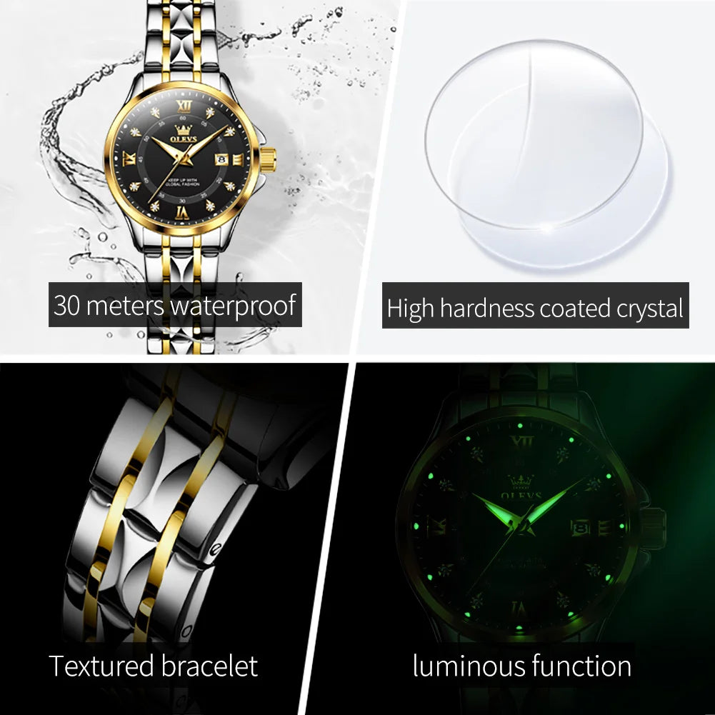OLEVS Elegant Luxury Watches for Women Original Stainless Steel Calendar Luminous Waterproof Quartz Fashion Trend Ladies Watch