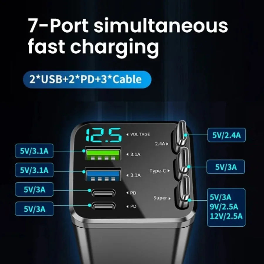 150W Car Charger PD30W Car Cigarette Lighter Adapter Voltage Display With Retractable Cable Fast Charger 22.5W For IOS Android