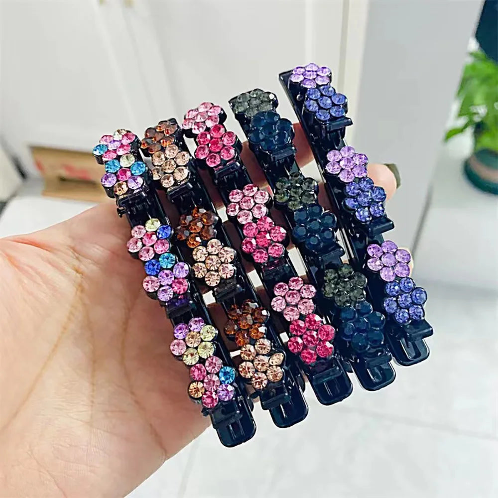 New Fashion Sparkling Crystal Stone Braided Hair Clips 6 Flower Hair Accessory For Women Girls