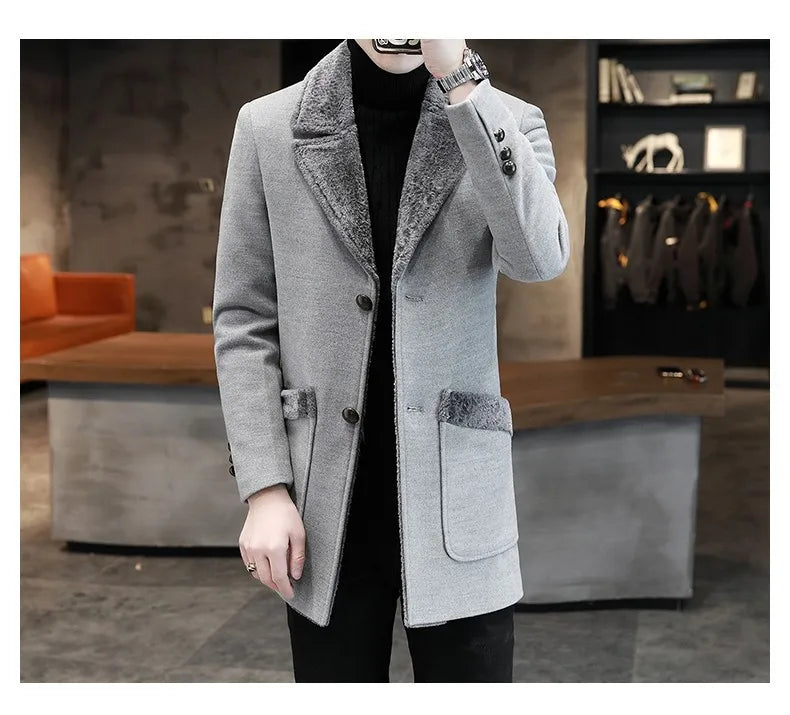 2025 Winter Men Plush Jacket Turn Down Collar Pocket Male Coat Single-breasted Long Sleeve Mid Length Business Man OverCoat
