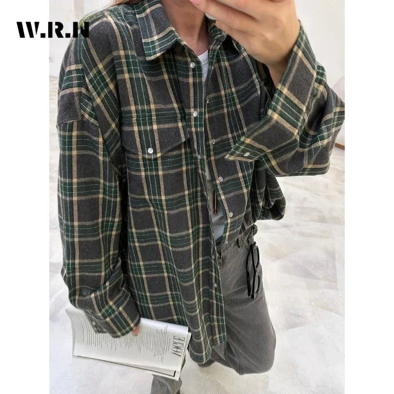 Fashion Baggy Plaid Women'S Blouse Elegant Lapel Long Sleeve Shirts And Blouses Vintage Pocket Lace-Up Top Female 2025