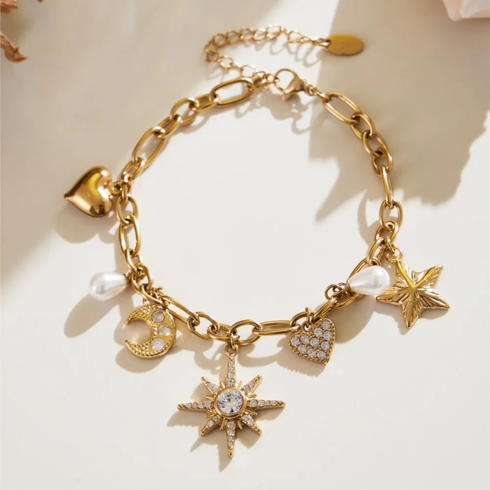 Zircon Heart, Star & Moon Jewelry Set | 18K Gold-Plated Stainless Steel Necklace & Bracelet
