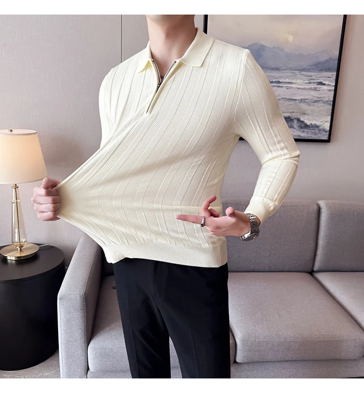 Men's Zip-Front Knit Sweater - White Polo Collar (Black/Burgundy/Cream) M-4XL Soft Touch Autumn Winter Casual Style