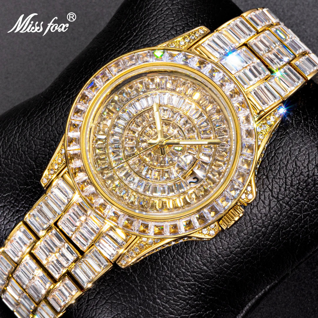 MISSFOX Full Iced-Out Men’s Watch | Luxury Diamond Silver Stainless Steel Quartz with Auto Date
