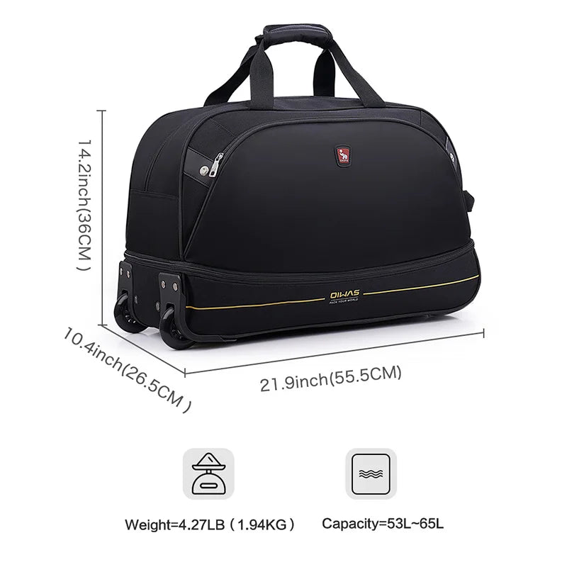 OIWAS Men Trolley Duffle Bag 56L Water-Repellent Foldable Rolling Suitcase Hand Luggage With Wheels Carry-On Bags Expansion Pack
