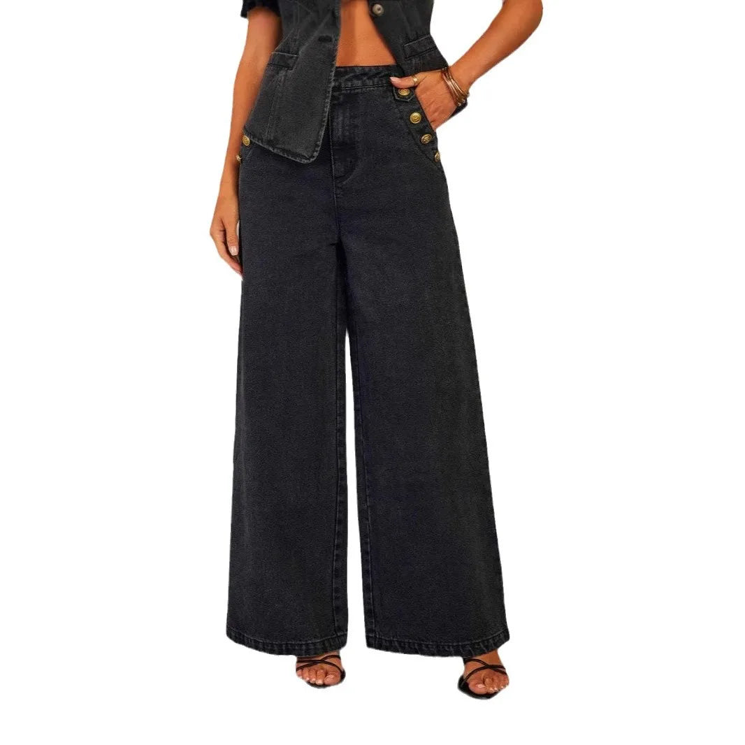 Faionable Denim Vest And Wide Leg Pants Set Women's Autumn Outfit Two Piece Suit Button round Ne Polyester Long Trousers