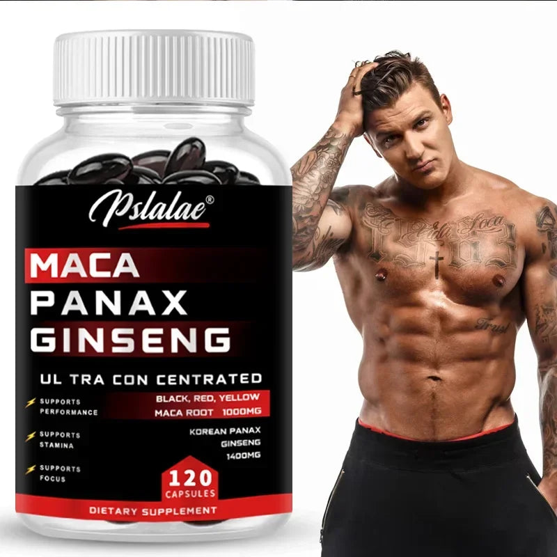 Xemenry Maca Root + Korean Ginseng Capsules – 10,000 mg Maca (Black, Red, Yellow) + 1,400 mg Ginseng | High Strength Energy & Vitality Supplement (30/60/120 Capsules)