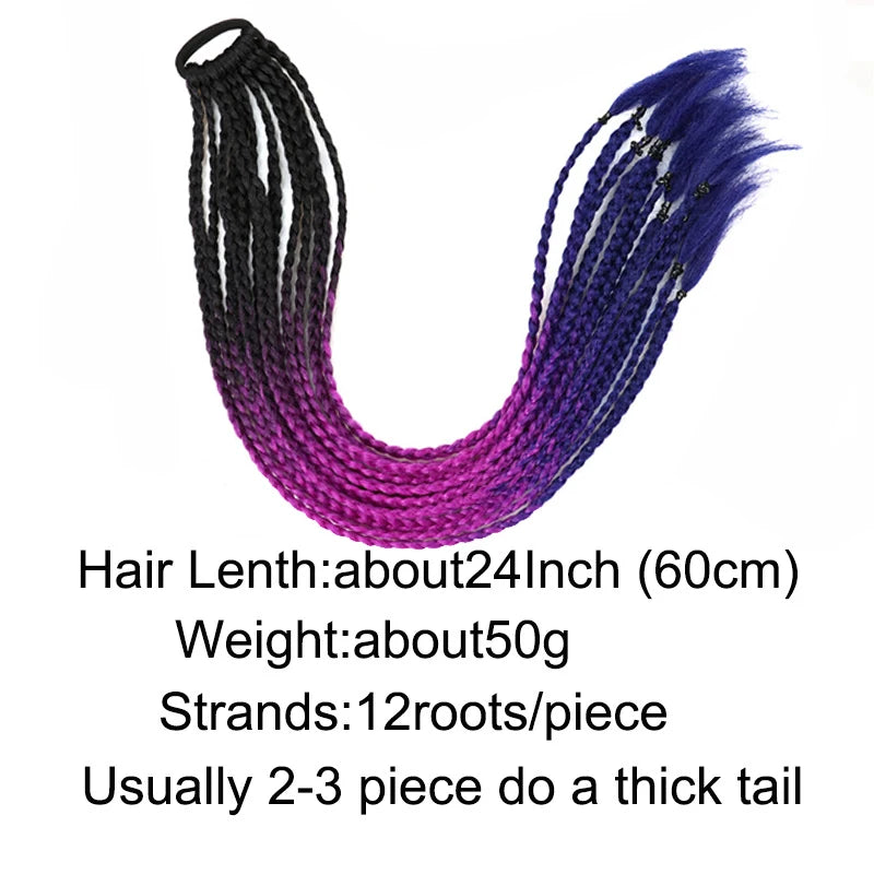 WIGSIN 24Inch Synthetic Long Ombre Rainbow Box Braid Ponytail Hair Extension for Women Rubber Band Hairstyle for Women
